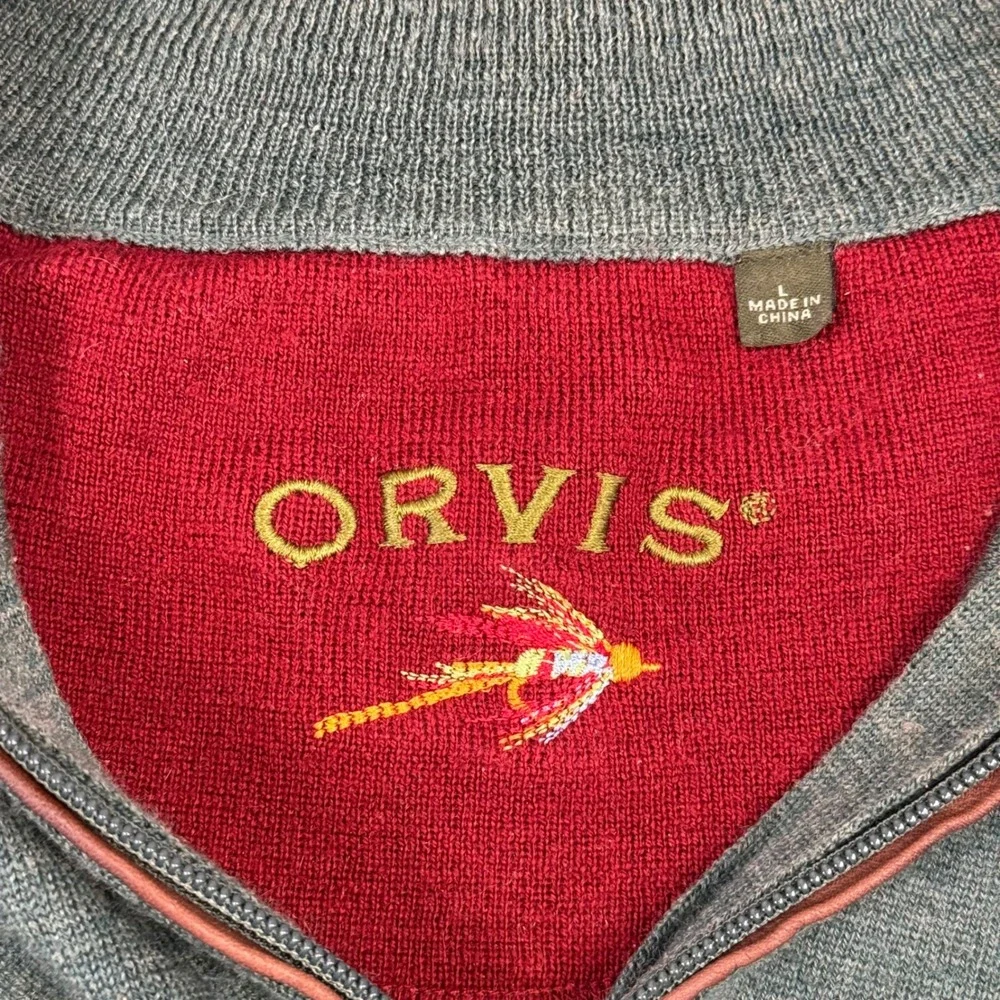 Orvis Mens 100% Wool Quarter Zip Sweater Heather Green Mock Neck Large 9G6T